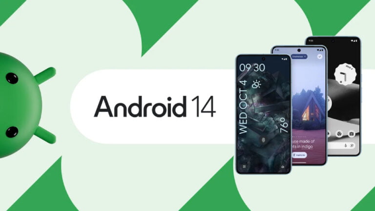 Gambar bertuliskan Android 14 dalam huruf besar di tengah, tiga ponsel dengan wallpaper warna-warni pada layar utama dan layar kunci, serta sebuah bugdroid hijau yang menyembul dari sisi kiri.