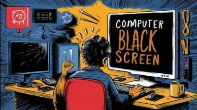 Ilustrasi komputer black screen atau layar hitam.