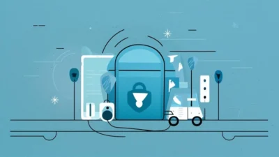 Ilustrasi yang menggambarkan berbagai perangkat elektronik dengan ikon gembok keamanan, menekankan pentingnya tips keamanan siber saat mudik untuk melindungi informasi pribadi.