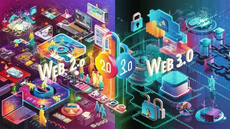 Ilustrasi Web 3.0 vs Web 2.0 untuk masa depan internet yang lebih baik. (dibuat menggunakan: Ideogram AI)