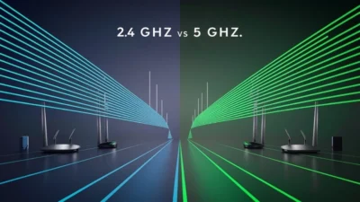 Grafis membandingkan frekuensi WiFi 2.4 GHz dan 5 GHz: keduanya diilustrasikan dengan gelombang yang berbeda, mencerminkan perbedaan dalam jangkauan dan kecepatan. Terdapat ikon router dan perangkat nirkabel untuk menyoroti konektivitas dan pilihan.