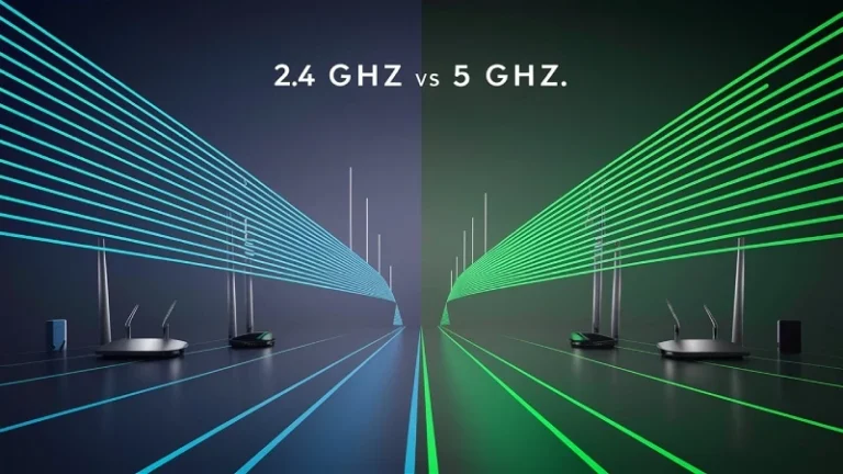 Grafis membandingkan frekuensi WiFi 2.4 GHz dan 5 GHz: keduanya diilustrasikan dengan gelombang yang berbeda, mencerminkan perbedaan dalam jangkauan dan kecepatan. Terdapat ikon router dan perangkat nirkabel untuk menyoroti konektivitas dan pilihan.